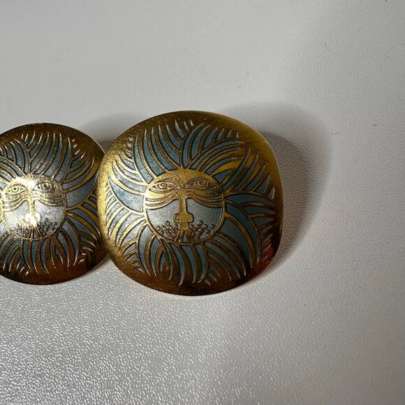 Vintage Laurel Burch Eskimo Lion Earrings 80's Gold Plate Blue Boho Round - Picture 3 of 5